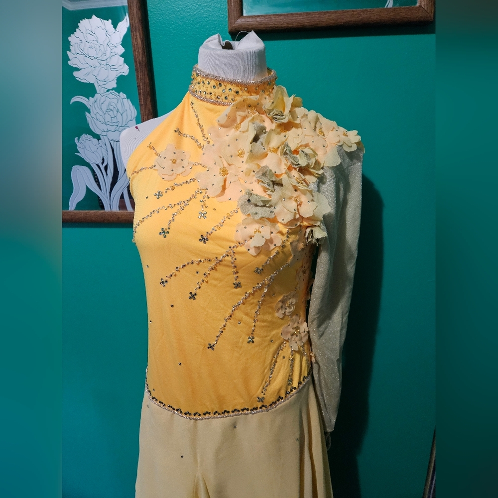 Handmade stretch yellow dance dress with hand beading and stoning